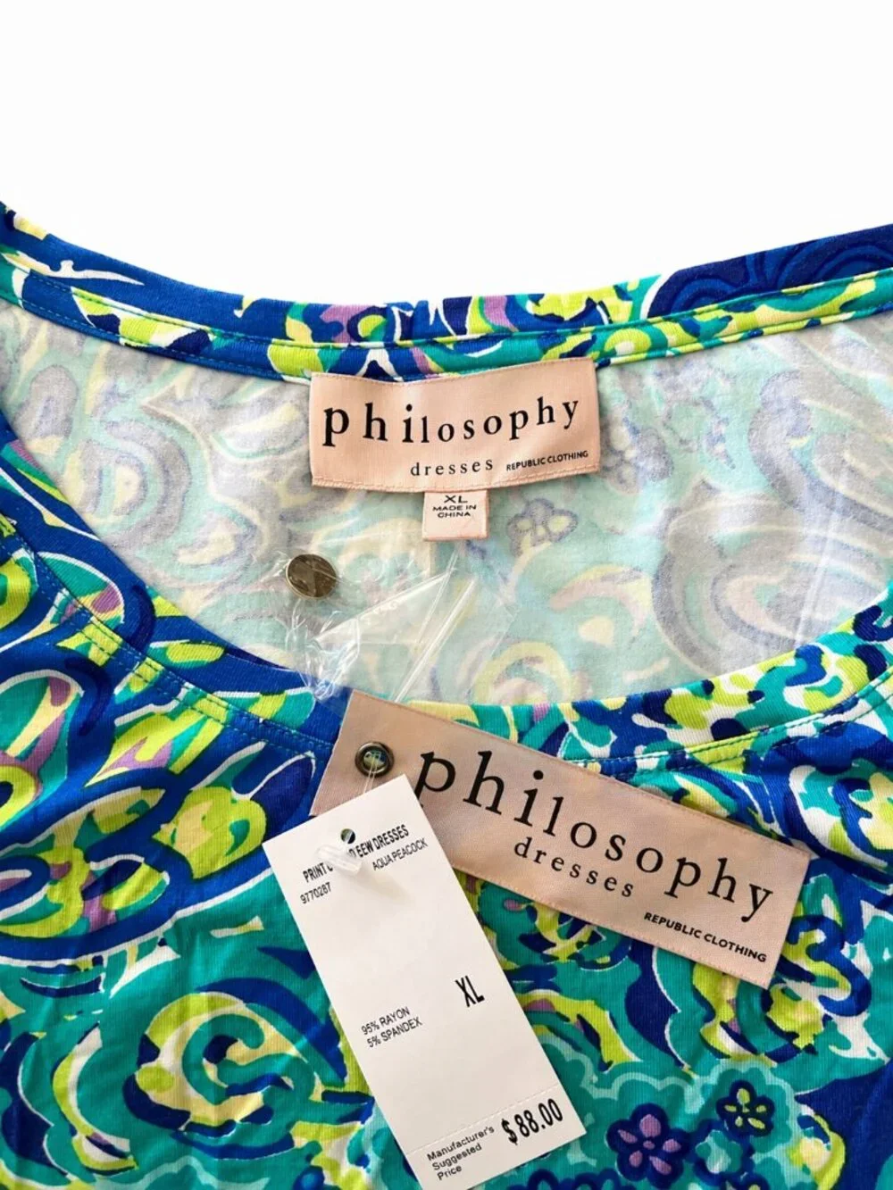 Philosophy Aqua Peacock Print Dress Knee Length S M L XL NWT - Picture 8 of 9